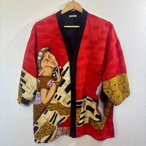 Deeva NY womens Silk Art Jacket SZ L Raw silk coat made in India Female figures